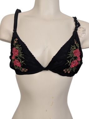 Black Embroidered Rose Triangle Bralette - Women Intimates